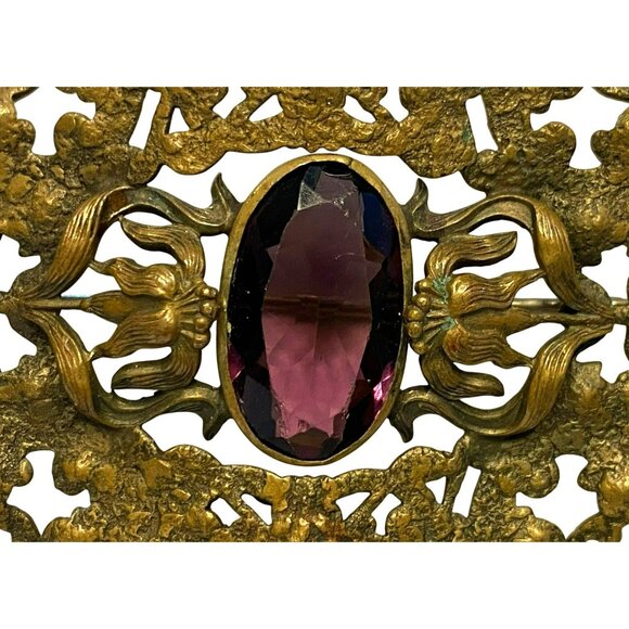 Victorian Brass Amethyst Purple Glass Sash Brooch Pin Art Nouveau 1800s - Picture 2 of 8